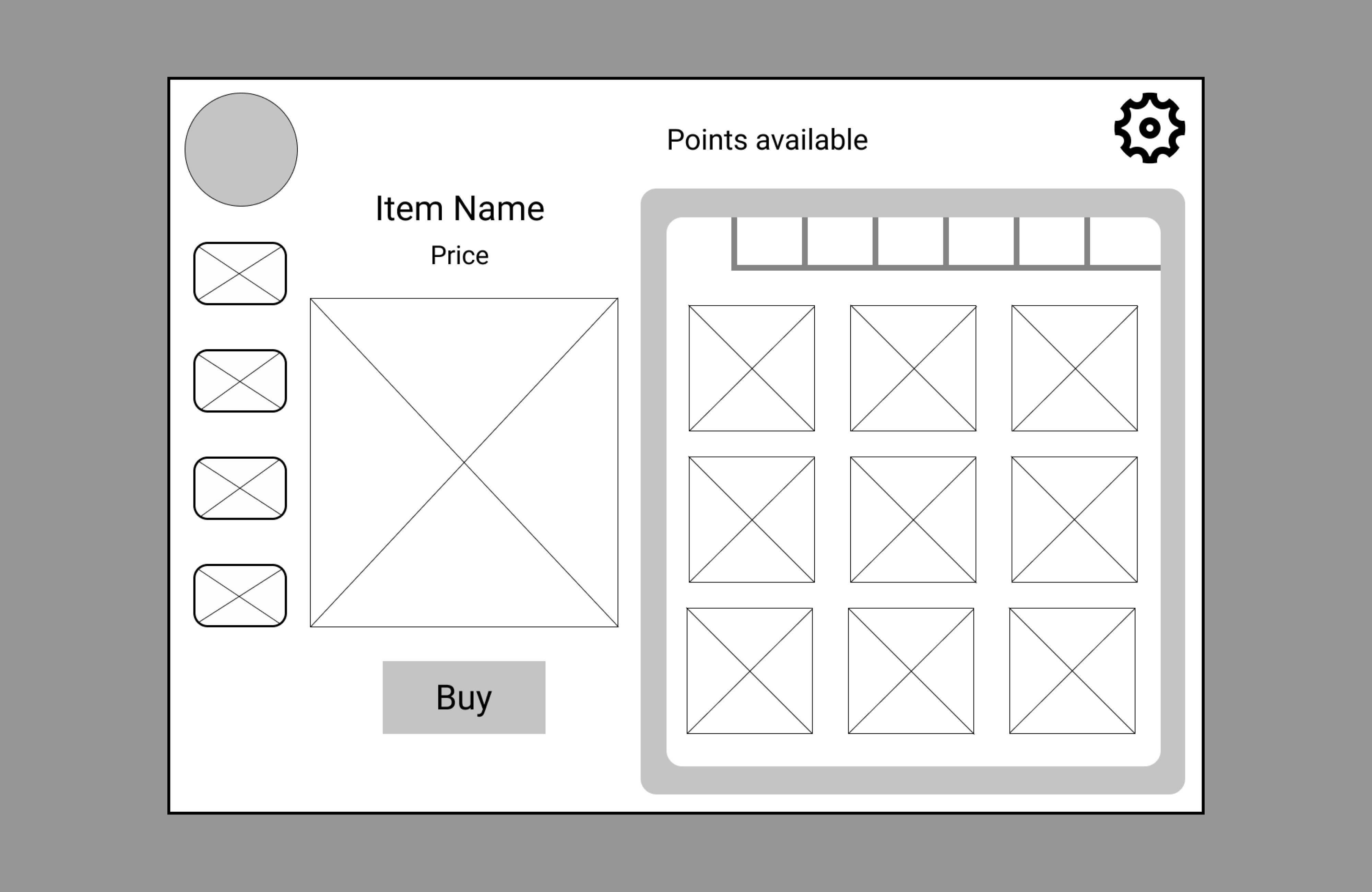 Wireframe for the cyberclass avatar customization shop view