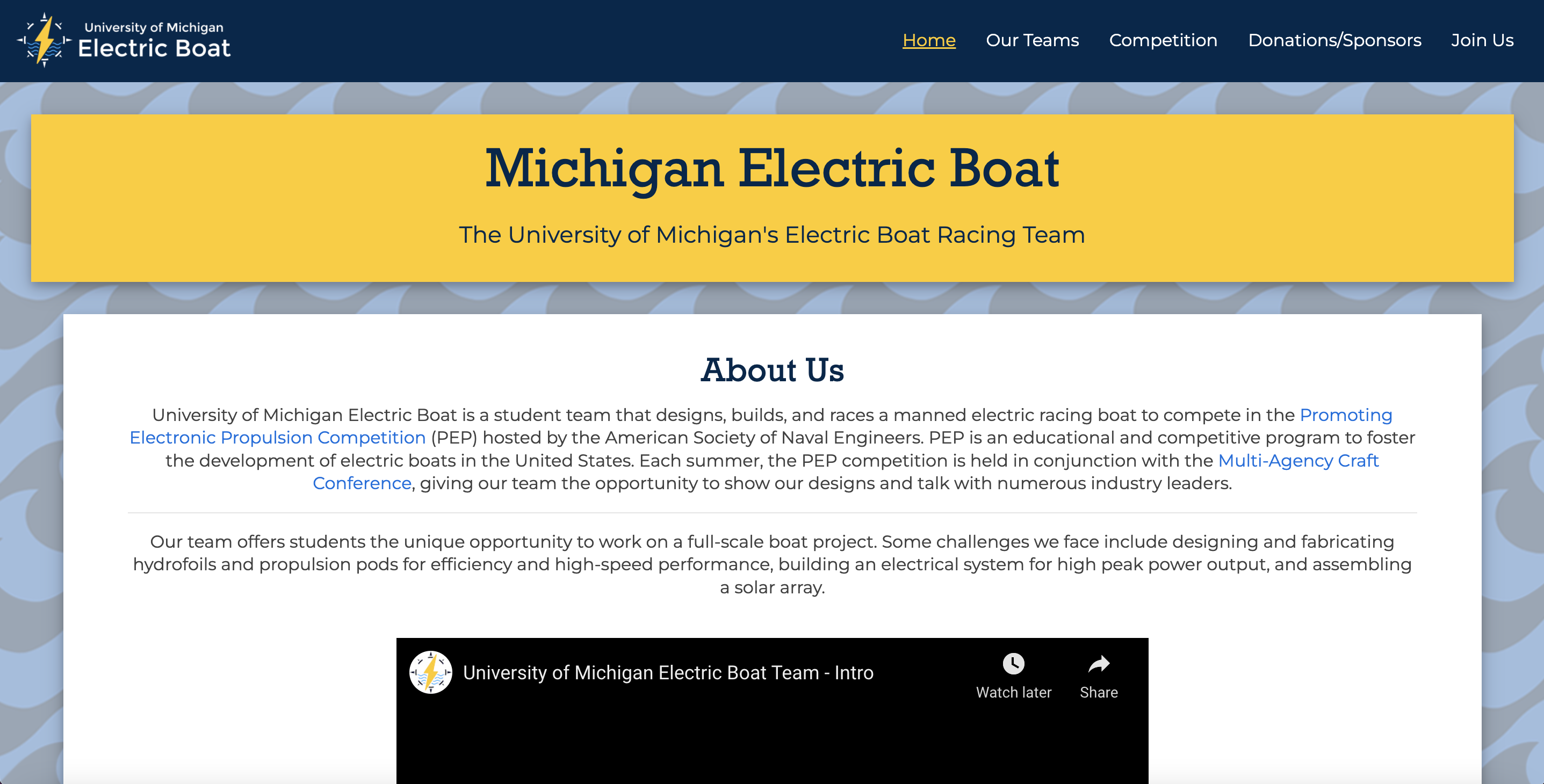 Screenshot of the University of Michigan Electric Boat homepage
